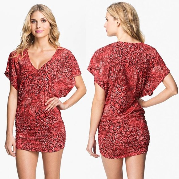 CARMEN MARC VALVO COUTURE Red Snakeskin Ruched Swim Cover Up Dress Sz XS - Picture 1 of 9
